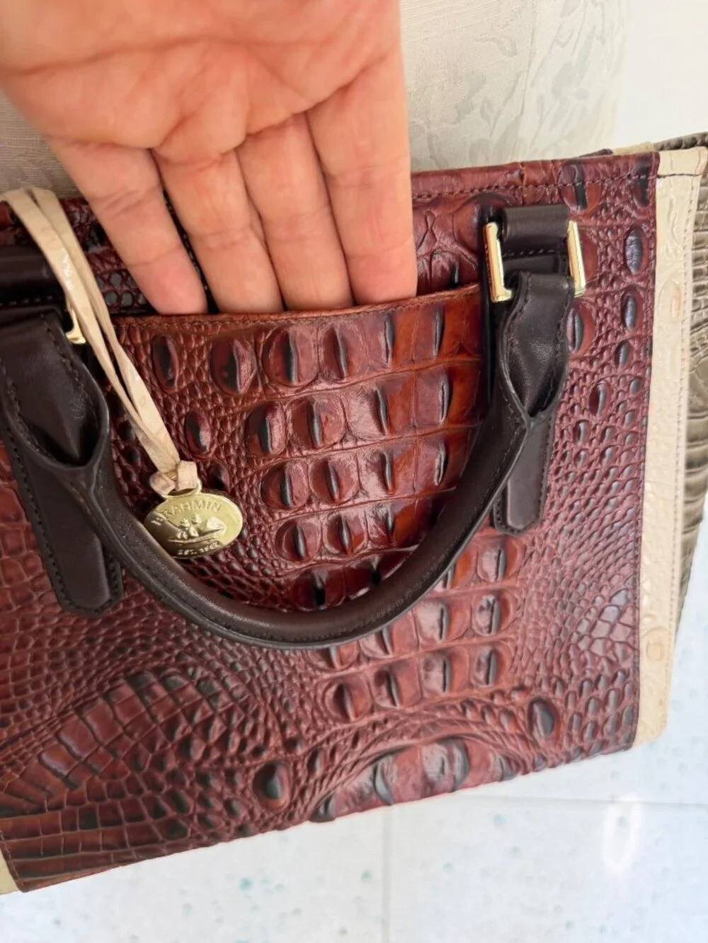 Brahmin Womens Arno Pecan Azuma Multi-toned Handbag Medium Croc-embossed Leather